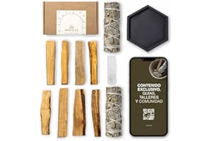 BESOULS Kit Premium de Limpieza Energética con 8 Palo Santo para Quemar, 2 Salvia Blanca, Selenita, Bandeja Hecha a Mano + QR Contenido Digital – Purificación y Meditación (Caja)