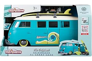 MAJORETTE Jada- Van Volkswagen T1, 31cm, 9 samochodów pojemnika skala 1:64 (7,5cm). Ze światłem, deską surfingową i naklejkami, zdejmowany dach i komora (212055010)