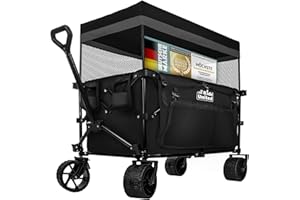 ALL KIDS UNITED Faltbarer Bollerwagen Handwagen Transportkarre; Strand-Buggy bis 90L&150kg; XXL Geländeräder mit Bremse; Leiterwagen; Camping-Wagen für Strand, Garten & Outdoor; Verstellbarer Griff & Tasche (Schwarz)