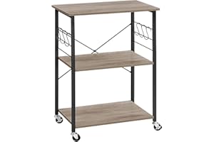 VASAGLE Carrello da Cucina con Rotelle, Carrello di Servizio con 3 Ripiani, Scaffale per Microonde, Struttura Metallica con 6 Ganci, 40 x 60 x 89 cm, Greige Melange e Nero Inchiostro KKS060B02