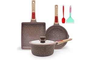AIKENBBKK Set di Pentole e Padelle da in Ceramica da 6 pezzi, Padella 20 cm con Coperchio, Casseruola 20 cm, Padella Tamagoyaki Grande, con Rivestimento in Ceramica Antiaderente e Manico Rimovibile