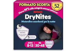 Huggies Drynites Pannolini, Taglia L (30-48 Kg), Mutandine assorbenti bambina, 8-13 anni, 52 Pz