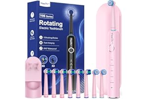 YTEATH PRO Spazzolino Elettrico Rotante per Adulti con 8 Testine - Spazzolino Denti Rotante per Adulti con Custodia da Viaggio, 5 Modalità, Impermeabile IPX7, Spazzolino Elettrico da Viaggio Ricaricabile, Rosa