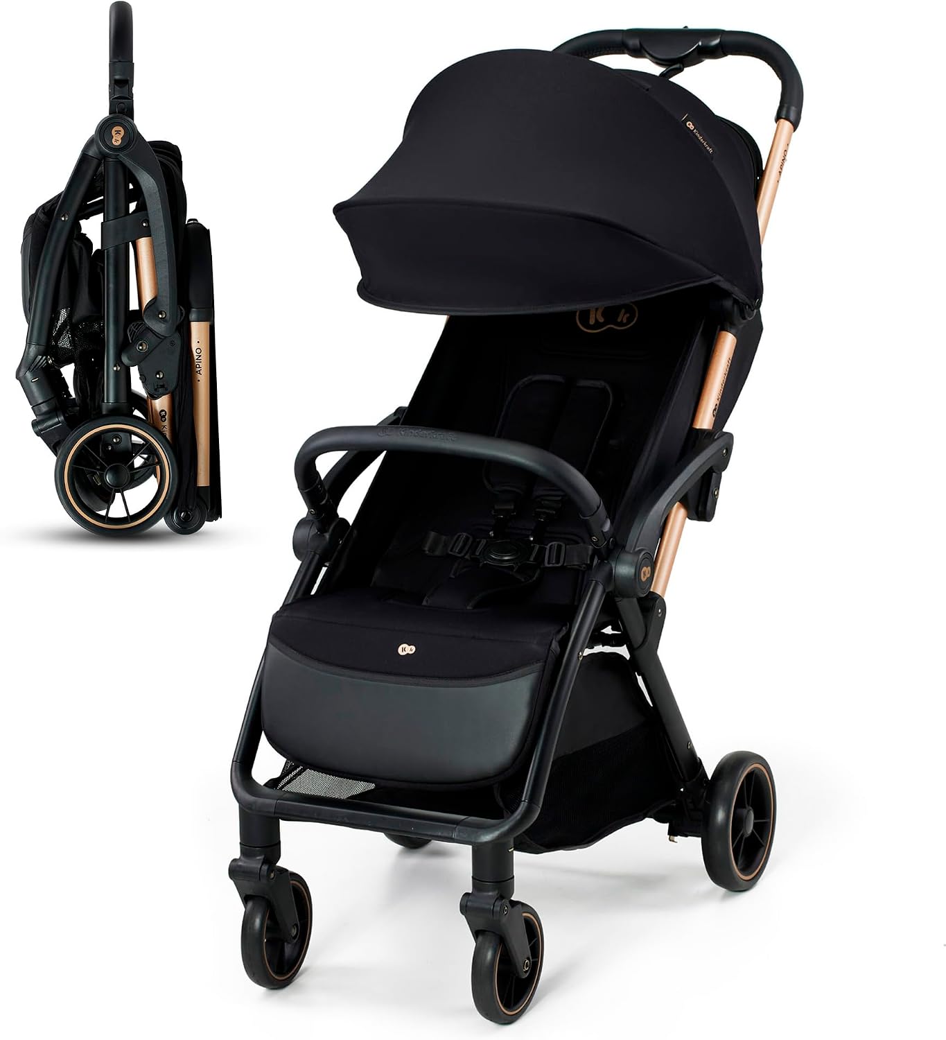 Kinderkraft APINO Silla de Paseo bebé, Carrito, Carro bebé, AUTO FOLDING, Plegado Automático, Posición reclinada, Posición Tumbada, Ligero, 7,5g, Impermeable, Carga Máxima 24 kg, Negro