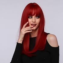 JUZIVIEE Damen Perücke Rot Lang Mit Pony – Synthetisch, Natürlich Aussehend, Für Karneval, Cosplay & Party
