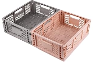 Spesh Lot de 2 Caisses Rangement Pliable Cagettes Plastique Empilable Caisse Pliante avec Poignée pour Cuisine, Chambre à Coucher, Bureau(rose+gris, 40 x 30 x 15 cm)
