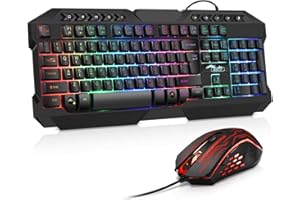 BAKTH Gaming Tastatur und Maus Set, LED Hintergrundbeleuchtung QWERTZ DE Layout, Regenbogen Farben Beleuchtete USB Wasserdicht Tastatur und Maus mit 3600 DPI für Pro PC Gamer
