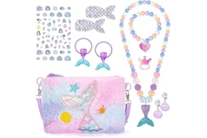 BTHRORO Syrenka torebka dziewczęca zestaw biżuterii, pluszowa torba z księżniczką naszyjnik bransoletka kolczyki pierścionek naklejki na paznokcie i akcesoria do włosów na prezenty urodzinowe i upominki na