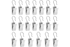 ALLisWE 20PCS Curtain Clips With Hooks - Small Heavy-Duty Stainless Steel Set for Home Decorations, Bathroom Shower, Photo Decors, Light Hangers, Wire Holders (Silver)