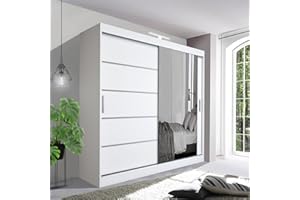 German Sliding Wardrobe Contemporary Bedroom Sliding Wardrobe with LED Light - Spacious and Stylish Design comes in White/Grey/Black/Oak and Width 120cm/150cm/180cm/203cm/250cm (White, 120cm)
