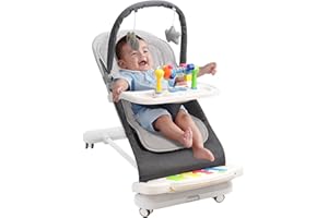 UUOEEBB Baby Bouncer with Detachable Piano Toys, Baby Rocker with Feeding Tray, Removable Toy Bar, Thickened Cushion and Wheels. 4-Level Adjustable Bouncer Chair for Infants 0-18 Months (Light Grey)