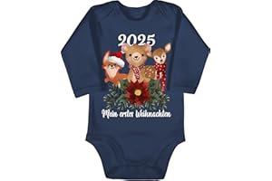 Shirtracer - Baby Body langarm Mädchen Junge - Geschenke Christmas - 2025 Mein erstes Weihnachten mit süßen Tieren - weiß