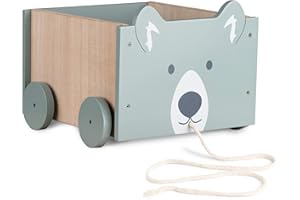 Navaris Cesta Portagiochi Bambini con Ruote - Contenitore Porta Giocattoli in Legno MDF - Toys Box Rettangolare Giochi Bimbi 5,76l - Design Orso Blu