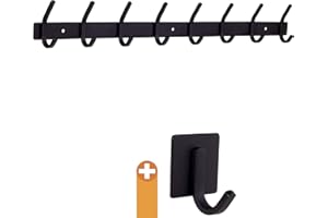 smartpeas Appendiabiti A Parete Attaccapanni Muro - Acciaio Inox Nero -60X8X4Cm- Porta 30Kg - 8 Ganci +Plus: 1 Ganci Autoadesivi