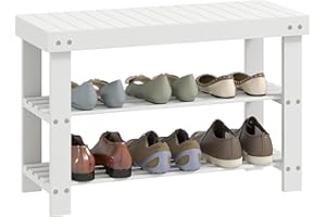 HOMCOM Panca Scarpiera da Ingresso a 3 Livelli in Bambù, Scarpiera con Seduta per 6 Paia di Scarpe, Scaffale per Scarpe a Doghe, Portaoggetti, per Ingresso, Soggiorno, Corridoio, 70x28x45 cm, Bianco