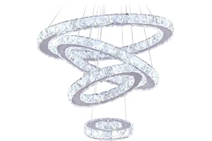 Finktonglan Lustre LED, 4 anneaux Lustre moderne en cristal Salle à manger Salle de séjour Lustre LED au plafond Ajustable Lustre en cristal en acier inoxydable (Blanc froid)