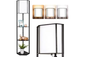 Allesin lampadaire salon, lampadaire lin avec étagère en bois, 3 températures de couleur réglables, abat-jour en tissu blanc, ampoule E27 incluse, noir Lampadaire moderne pour salon, chambre, bureau