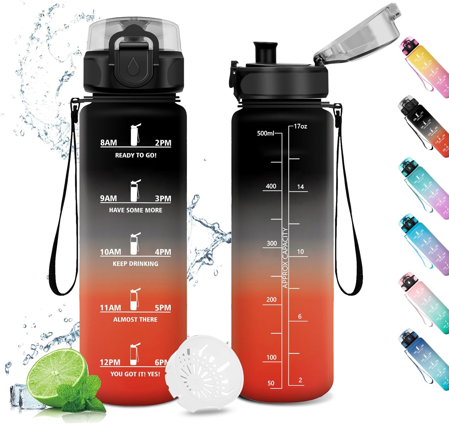 Bouteille d'eau de motivation 500 ml, bouteille avec filtre, bouteille d'eau anti-fuite, bouteille pour enfants, bouteille de sport avec indicateur de temps motivationnel, pour sport, camping, yoga