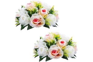 NUPTIO 2 Pezzi Fiori Finti, Rose Plastica a 15 Teste con Base, Adatte per Centrotavola Matrimonio del Nostro Negozio Fioriera per Decorazioni per la Casa di san Valentino(Champagne Rosa&Bianco)