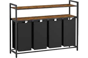 VASAGLE Wäschekorb 4 Fächer, Wäschesammler mit 2 Ablagen, Wäschesack ausziehbar und abnehmbar, pro Tasche 40 Liter, für Badezimmer, Waschküche, vintagebraun-schwarz BLH214B01