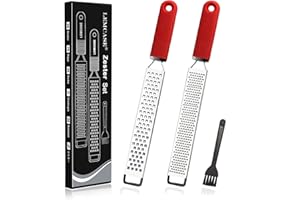 LEMCASE Zesteur, Râpe à Cuisine - Citron, Fromage, Parmesan, Ail, Gingembre, Chocolat - Poignée en Silicone et Lames en Acier Inoxydable avec Couvercle de Protection| Rouge (2 Pièces Set)