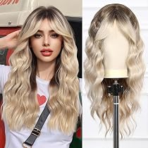 SYMEIW Ombre Blond Perücke – Schmutzig Blond, Gewellt, Mit Pony, Mittellang (45,7 Cm), Hitzebeständiges Kunsthaar