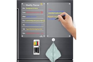FUNYKICH Magnetic Weekly Planner, 9” x 13” Acrylic Fridge Planner with 6 Dry Erase Markers, Pen Holder & Cleaning Towel