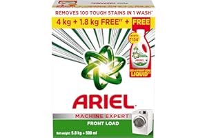Ariel Matic Machine Expert Detergent Powder Front Load - 4Kg + 1.8kg + 500ml Liquid free Removes 100 Tough Stains in 1 wash Specially Designed for Washing Machines Fresh Fragrance