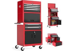 COSTWAY Large Tool Cabinet, Lockable Metal Tool Chest Combo with Detachable Top Cabinet, Wheels, 6 Drawers & Hooks, Heavy-duty Rolling Toolbox Trolley (3-in-1, with Middle Compartment, Red+Black)