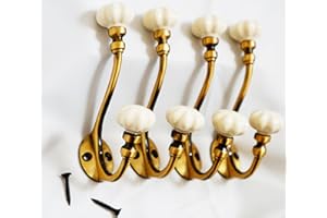 IvoryBlu777- Pack of 4 x Vintage Antique Style Aluminium Hook with Brass Bronze Finish -Heavy Duty Decorative Hallway Ceramic Wall Door Coat Bag Hook (Cream/White)