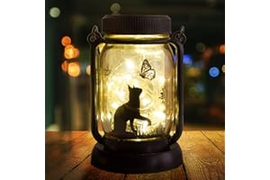 ‎JIAUFU JIAUFU Gartenlampe Dekor Solar wasserdichte Katze Lichter mit Schmetterling, Geschenke für Frauen Männer Katze Liebhaber Geschenke, Hängende Katze Laternen mit Pfahl für Yard Rasen Garten Dekor