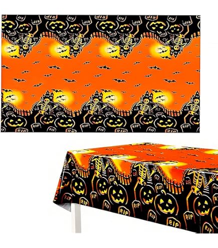 Tovaglia Halloween 137x180cm Con Zucca Spaventosa - Impermeabile E Riutilizzabile Per Decorazioni Festa A Tema Autunno