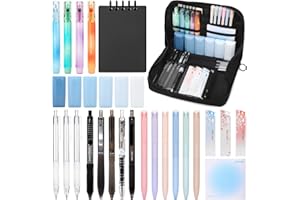 ESSALOO 30 PCS Filled Pencil Case with Stationery Included, Aesthetic Stationery Set for Girls, 11 Gel Pens, 4 Pastel Highlighters, 3 Mechanical Pencils for Back to School Students (Black)