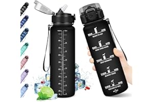 KollyKolla Botella Agua Deporte 1L, Botella de Agua con Pajita, Sin BPA & Prueba de Fugas, con Marcador de Tiempo de Motivación, Cantimplora para Niños, Adulto, Gimnasio, Bicicleta, Escuela, Oficina