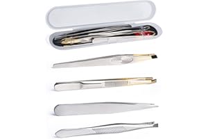MEGAVOW 4 Pièces Pince à Épiler Professionnelle, Pince de Precision Sourcils en Acier Inoxydable pour Femmes Cils, Homme Barbe, Poils Incarnés Faciaux (Argent)