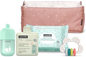 Suavinex, Regalo Bebé Recién Nacido, Canastilla Bebé con Organizador con: Leche Hidratante 300 ml + Colonia Bebés Baby Cologne Memories 100 ml + Toallitas Dermohidratantes + Mordedor Silicona, Rosa
