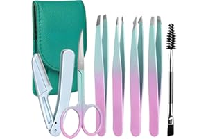 PEIQIUP Pinzette Set Edelstahl (7 Stück), Präzisions Pinzetten Edelstahl, Augenbrauen mit Schere, Rasiermesser, Spiegel für Eingewachsene Haare, Für Damengeschenke, Grün
