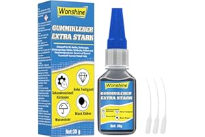 WONSHINE Gummikleber Extra Stark Wasserfest 30 g, Wasserfester Kleber für Gummi, Reifen, Schuhe, Gürtel, Schläuche, Matten und Weitere Gummiprodukte, mit Anti-Trocknungsspitze