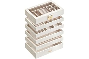 SONGMICS Stackable Jewellery Trays, 6-Tier Jewellery Box, Large Jewellery Case, Clear Glass Lid, 17 x 28 x 25.3 cm, for Dressing Table, Gift Idea, Cloud White JBC195W01
