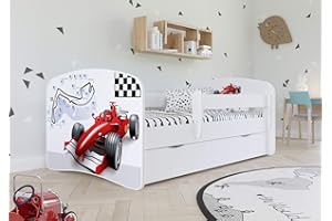 WFL GROUP Letto Bianco per Bambini con Materasso Incluso 70x140 80x160 80x180 cm Letto Bambini con Barriera di Protezione, Doghe e Cassetto Removibile - per Bambino e Bambina - Formula- 160x80