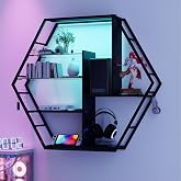 YU YUSING Wall Shelf 7 Colours RGB Wall Shelves with 8 Hooks, 2 Glass | Wall Display Stand with 8 Hooks, 2 Glass Shelves for