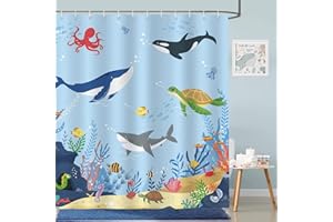 Bonhause Cortina de Ducha Océano Azul Bajo el Mar Pescado Delfín Cortina de Baño para Niños de Poliéster Impermeable Antimoho Lavable Cortina Ducha 180 x 180 cm con 12 Ganchos