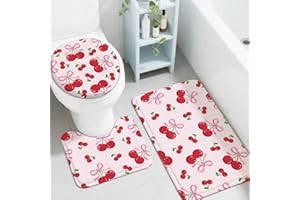peacoblue Cherry Bath Mats for Bathroom Rugs Sets 3 piece with Toilet Lid Cover, Non Slip Bath Rugs and Mats Sets, Washable Toilet Carpet for Bathroom, Bedroom, Kitchen, Tub, Home Decor