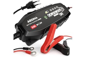 ABSINA Caricabatterie auto automatico - Carica batteria per auto per batterie al piombo-acido da 6V e 12V fino a 120Ah e 12,8V al litio - Mantenitore di carica auto AGM 12V per moto, caravan e altro