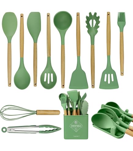 VIVAYO Set Di Utensili Da Cucina In Silicone 12 Pezzi Con Manici In Legno E Supporto, Rosa, Resistenti Al Calore 230°C