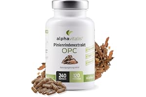 ‎ALPHAVITALIS Pinienrindenextrakt Kapseln hochdosiert mit 32% OPC + natürliches Vitamin C - 240 Stk. - 500mg veganer Kiefernrindenextrakt - laborgeprüft aus Pinus pinaster