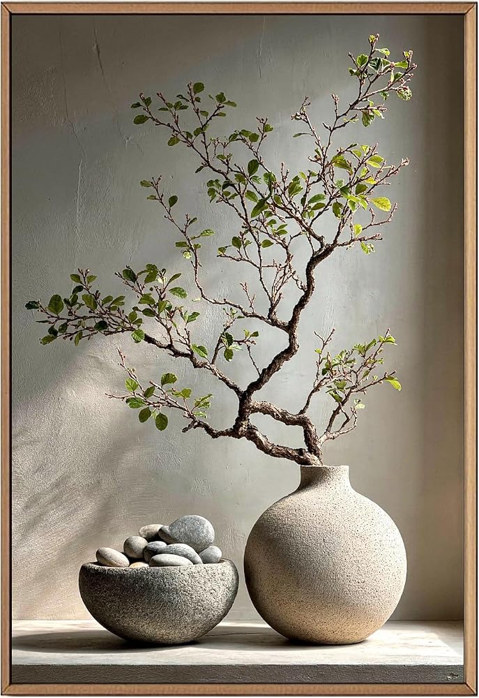Duvar Tablosu 50x70 cm Ahşap Çerçeveli Wabi Sabi Doğa Temalı Dekoratif Tablo, Doğal Taş ve Bonsai Dalı Desenli Modern Zen Poster, Bej Toprak Tonları Salon Yatak Odası Ofis Duvar Dekoru
