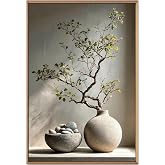 Duvar Tablosu 50x70 cm Ahşap &Ccedil;er&ccedil;eveli Wabi Sabi Doğa Temalı Dekoratif Tablo, Doğal Taş ve Bonsai Dalı Desenli Modern Zen Pos