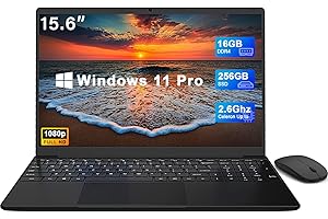 OUZRS Ordenador Portátil 15,6 Pulgadas FHD, Win 11 Pro Celeron 2.6Ghz, Notebook 16GB RAM, 256GB SSD, PC Portátil Mini HDMI, 1920x1080 IPS, 2.4G/5G WiFi Computer, 4500mAh, BT 5.0, Laptop con Ratón (Negro)