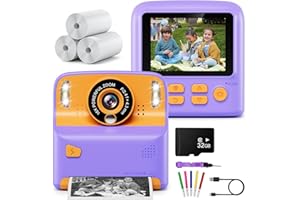 Appareil Photo Instantané Enfant, Kaishengyuan 2,4" 1080P Appareil Photo Enfant avec 32GB Carte & Papier d'impression, Stylos Colorés, Cadeau pour Filles Garçons de 3-12 Ans(Violet)